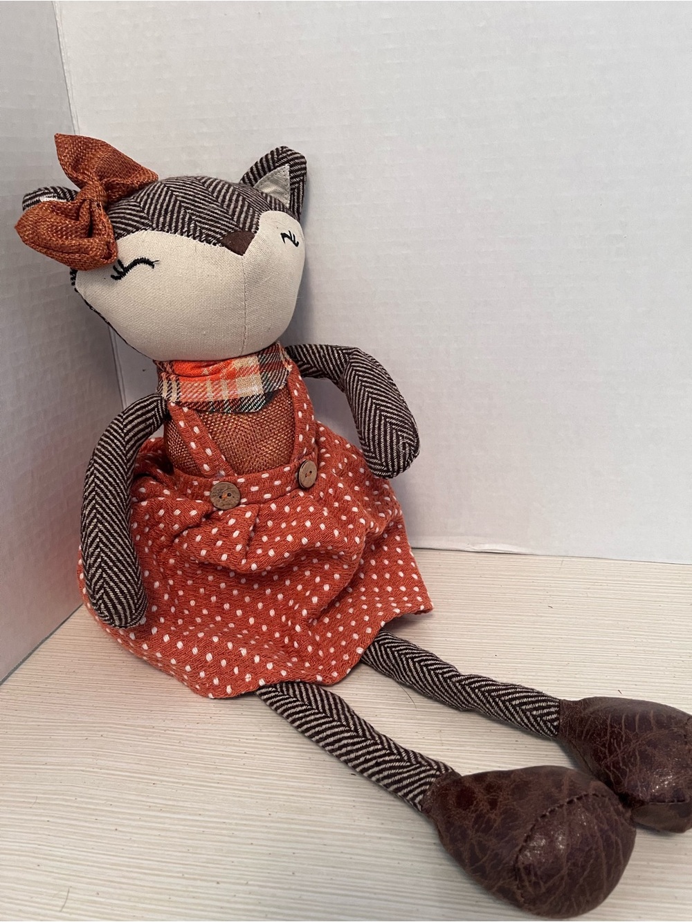 Cat/Fox Fall Decor Shelf Sitter Plush Doll in Rust Polka-Dot Dress